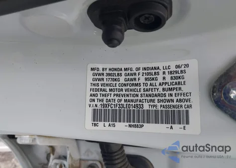 2020 Honda Civic Ex z USA, uszkodzony, nr VIN 19XFC1F33LE014933